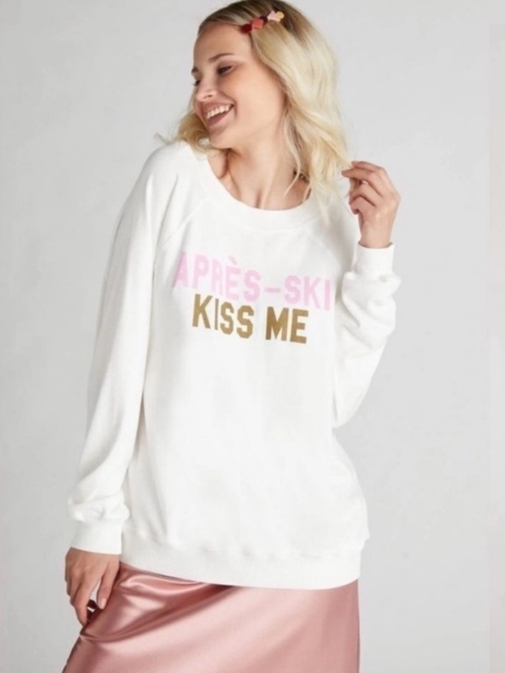 Wildfox Apres-Ski Kiss Me Raglan Sleeve Crewneck Terry Crewneck Sweatshirt M